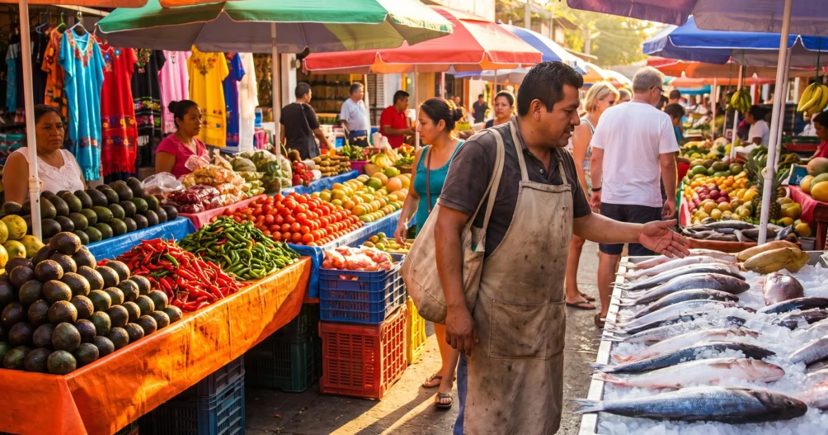 A private chef choosing fresh fish and vegetables at a Puerto Vallarta market the morning of a villa dinner