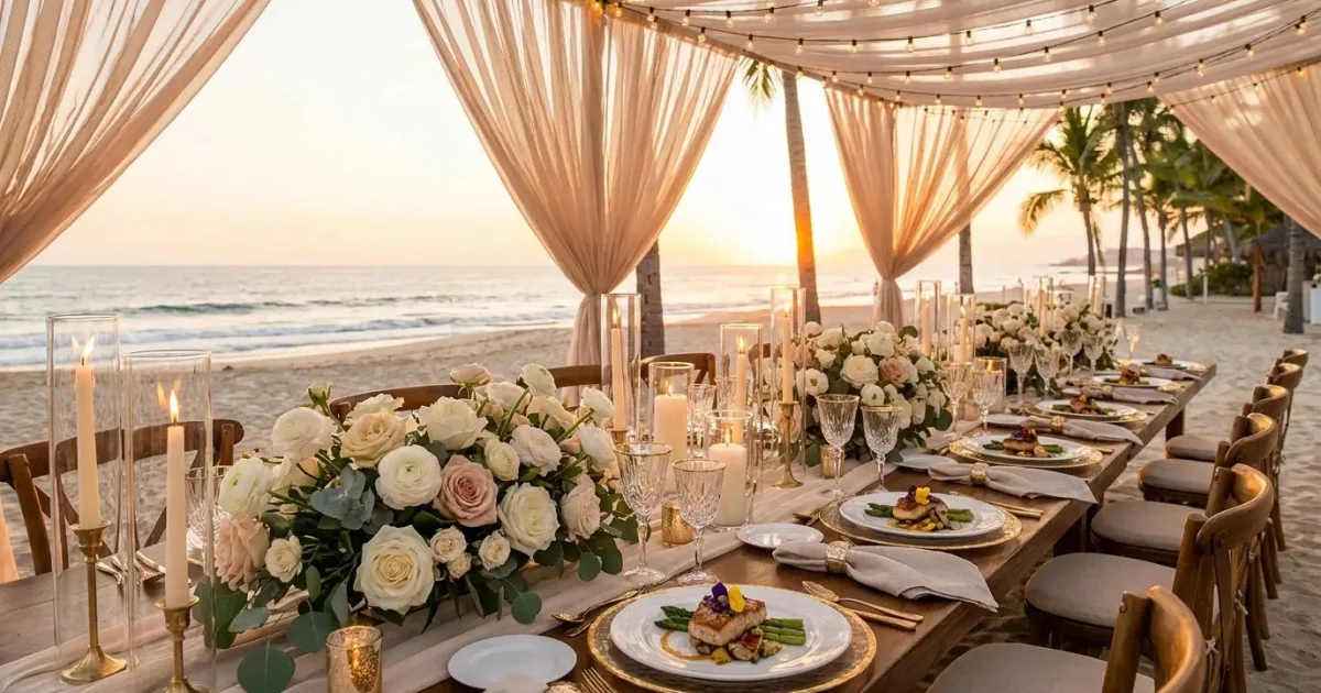 A long candlelit wedding table set on the beach at sunset by a private chef team in Puerto Vallarta
